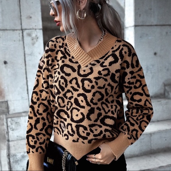 Sweaters - Camel tan v neck leopard print knit sweater
